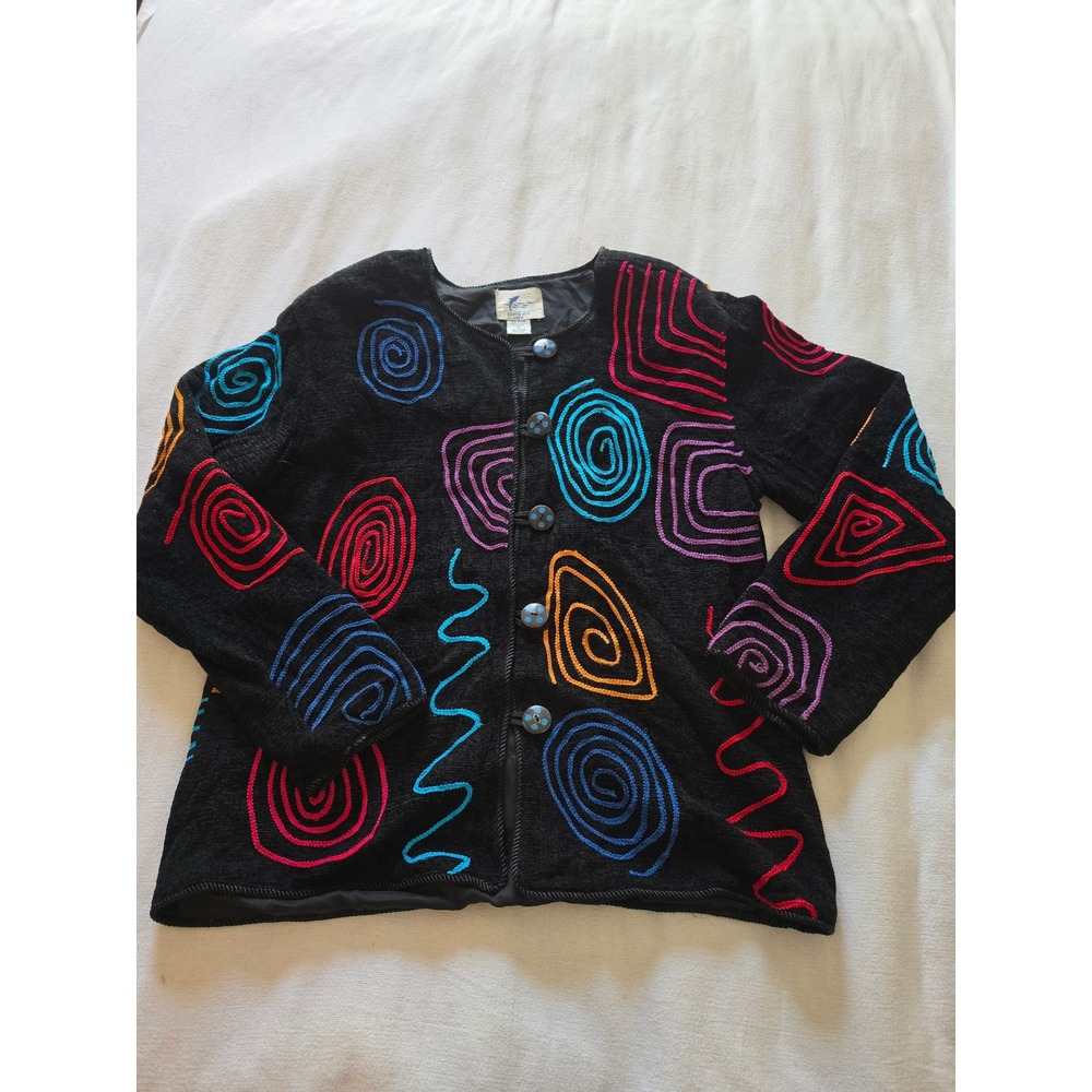 Vintage Earth Sea & Sky Black Embroidered Spiral Jacket Medium Abstract Rayon